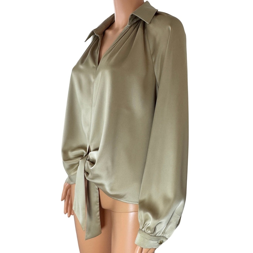 Anne Klein Coffee Cream Tie Front Satin Blouse Long Sleeve V-Neck Top Medium NEW - Picture 5 of 15